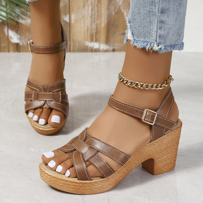 Plus Size Roman Women's Peep Toe Chunky Heel Buckle High Heel Sandals