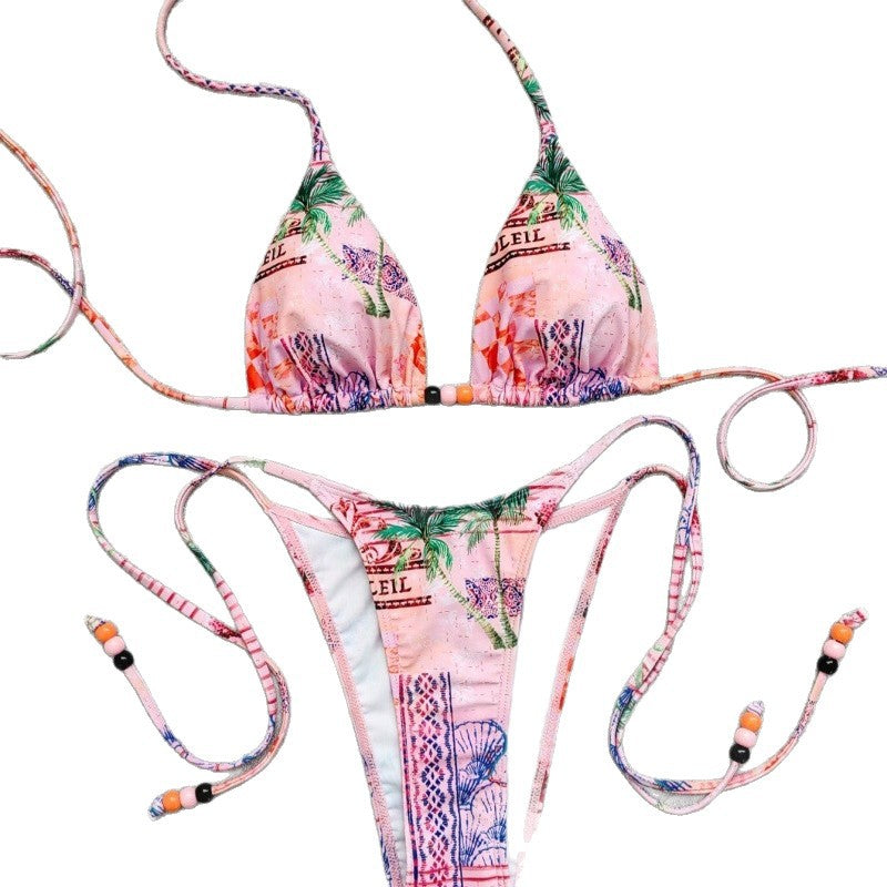 Printed Lace-up High-waisted Gradient-style Two-piece Swimsuit