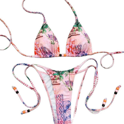 Printed Lace-up High-waisted Gradient-style Two-piece Swimsuit