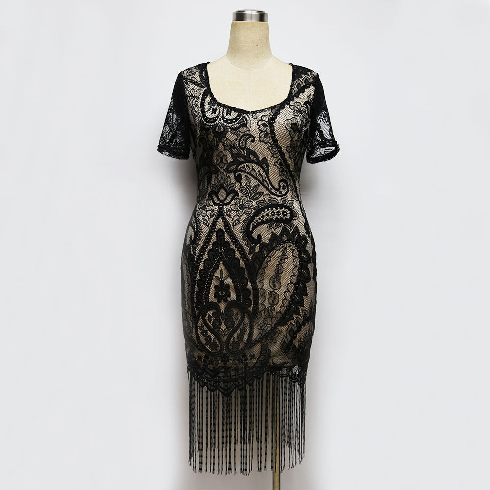 Hot Sale Lace Dress V-neck Short Sleeve Tassel Hem Sheath Dress