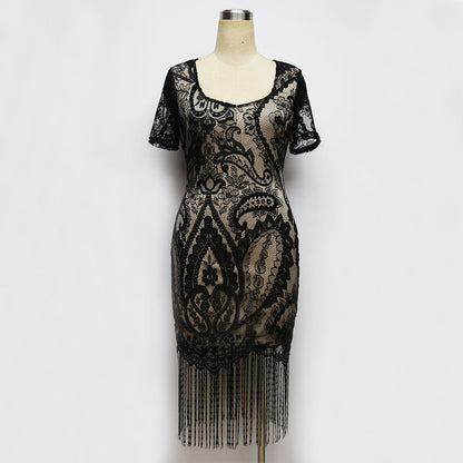 Hot Sale Lace Dress V-neck Short Sleeve Tassel Hem Sheath Dress