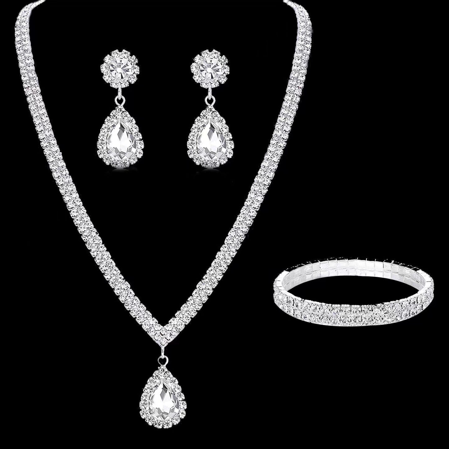 Full-diamond Bracelet Bridal Necklace And Earring Set