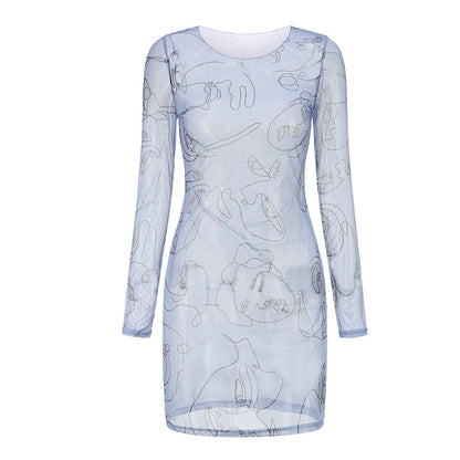 Women's Round Neck Long Sleeve Art Graffiti Slim Dress