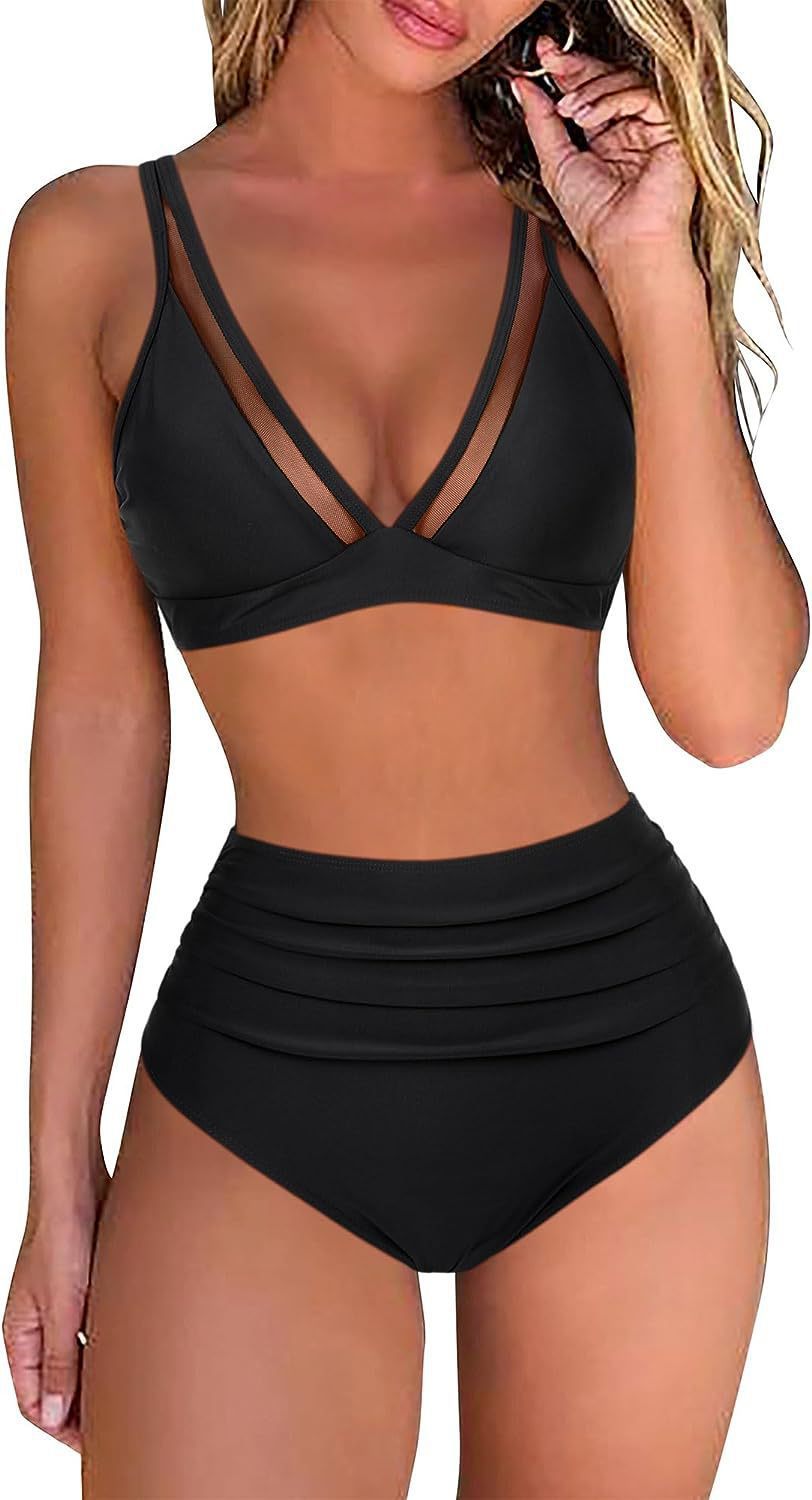 European And American Style High-Waisted Mesh Patchwork Sexy Backless Ruched V-Neck Swimsuit For Women