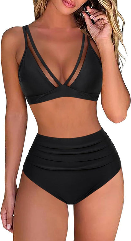 European And American Style High-Waisted Mesh Patchwork Sexy Backless Ruched V-Neck Swimsuit For Women