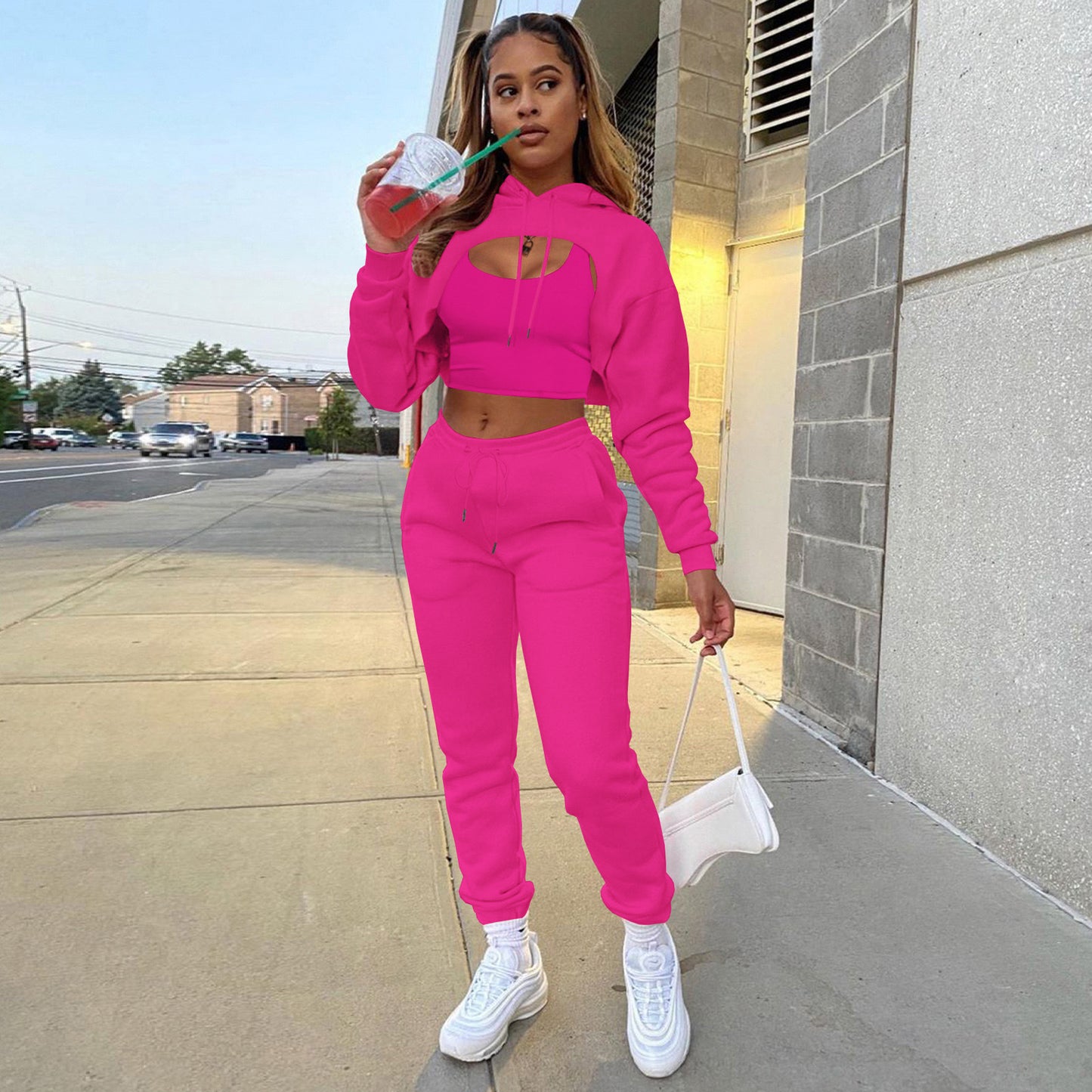 Three-piece Solid Color Hooded Sweatshirt Long-sleeved Drawstring Trousers Vest