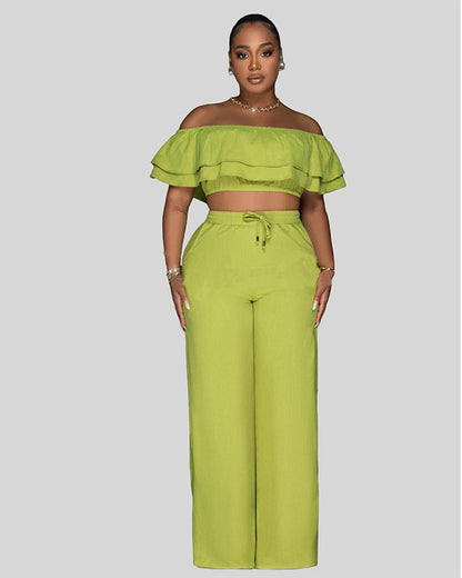 Off-shoulder Ruffled Short Top And Wide-leg Long Pants Set