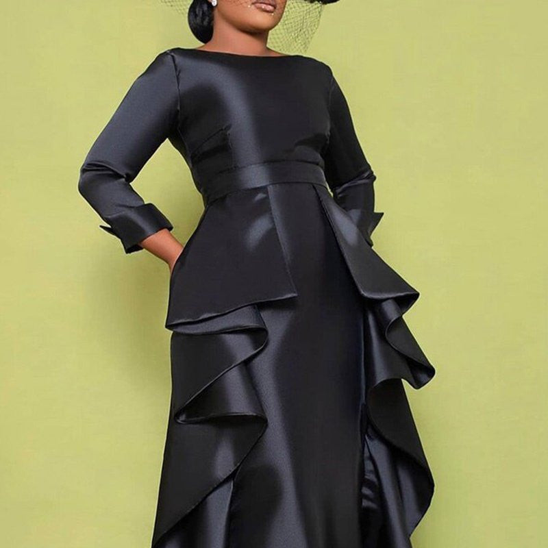 Women's Fashion Round Neck Solid Color High Waist Dress
