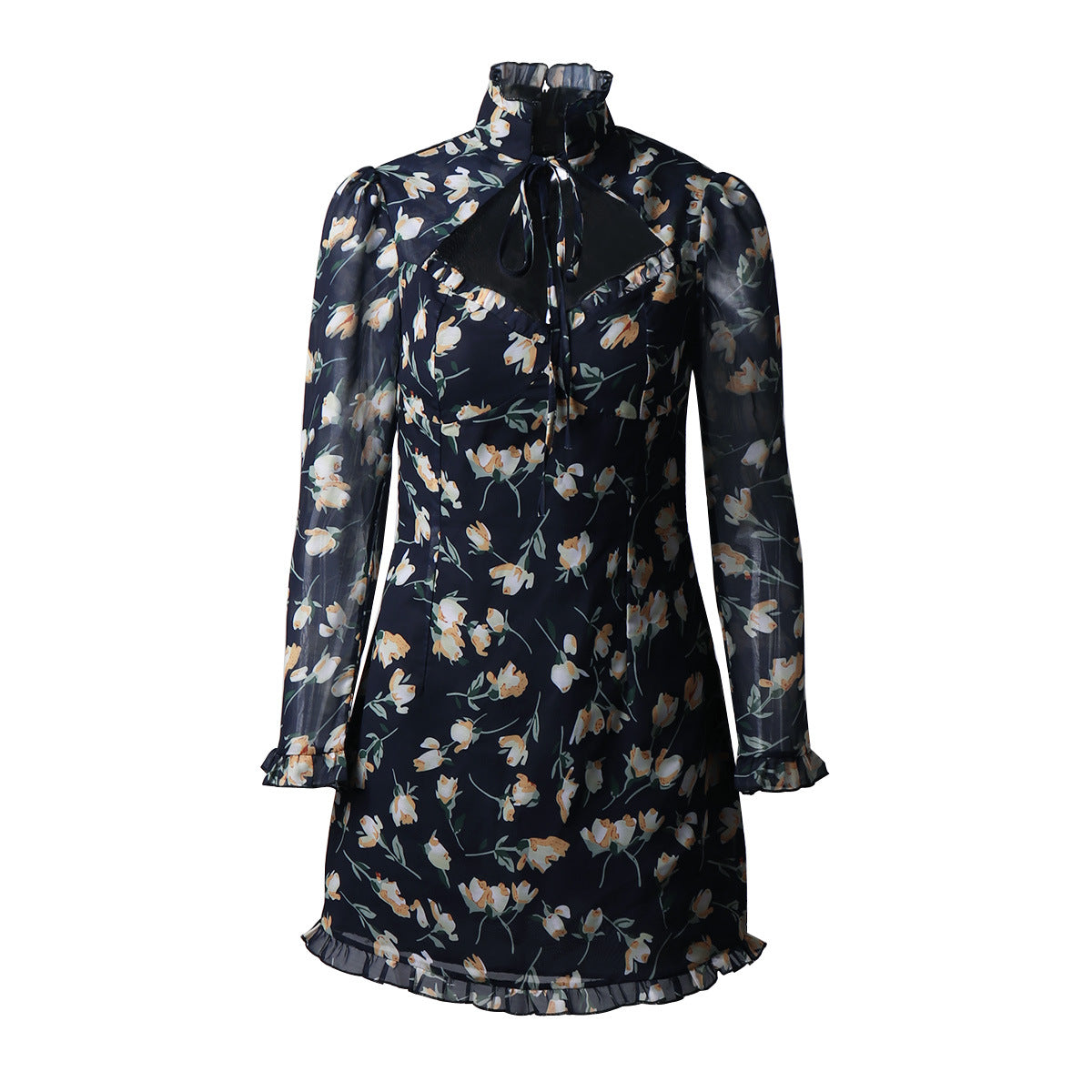 High neck tie low cut lace long sleeve dress