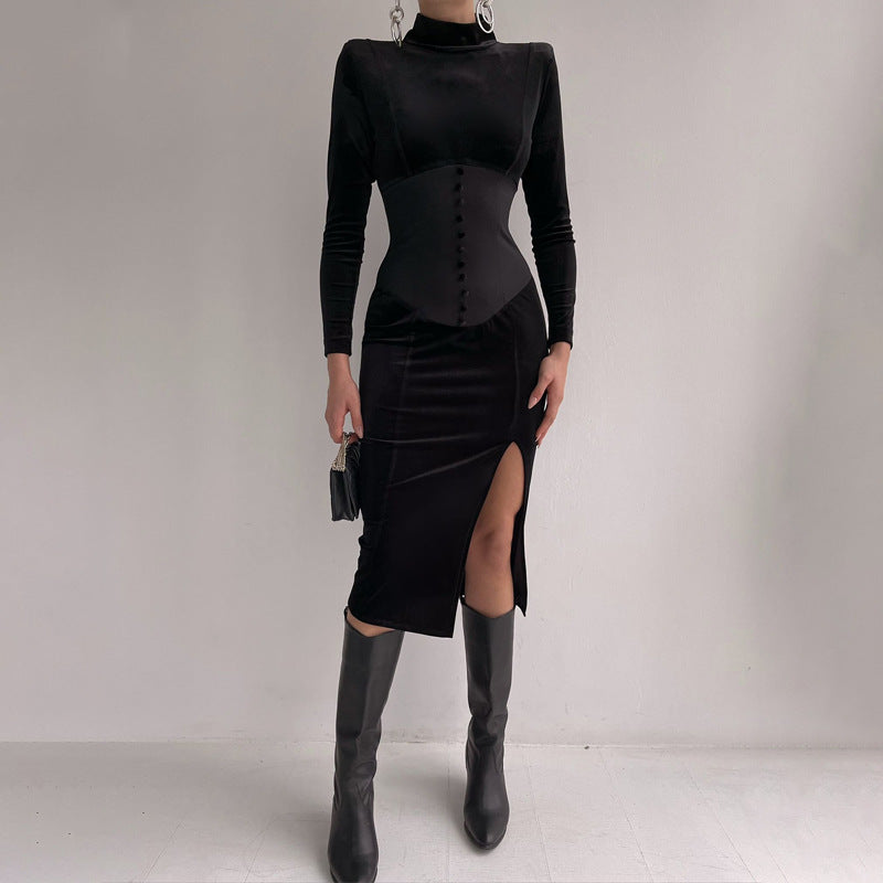 Solid Color Stand Collar Stitching Velvet Split Dress