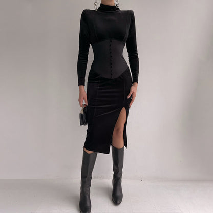 Solid Color Stand Collar Stitching Velvet Split Dress