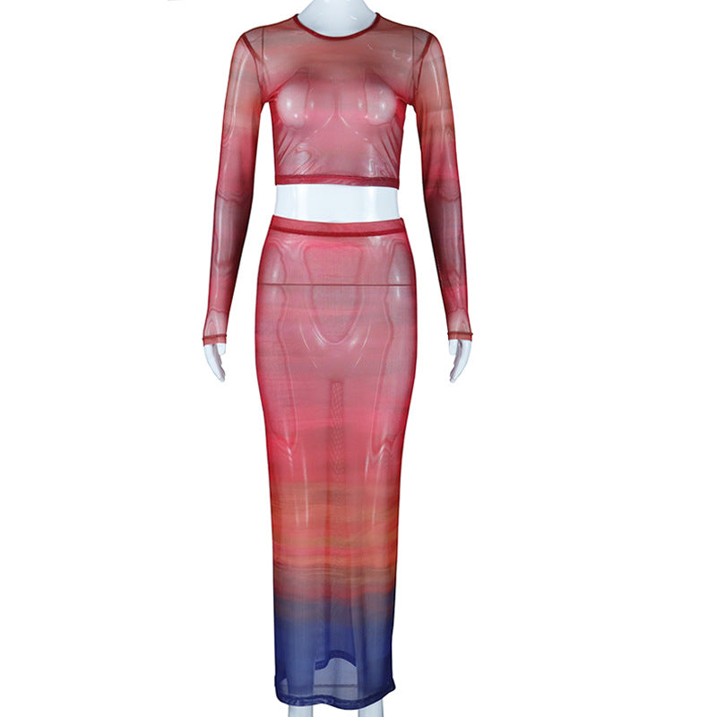 Tight-fitting Crewneck Long-sleeve Midriff-baring Top Paired With A Midi High-waisted Sheath Skirt