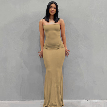 New Fashion Solid Color Sleeveless Sling Long Dress