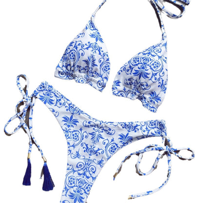 Women's Swimsuit New Blue And White Porcelain Printed Bikini