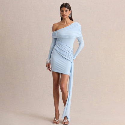 Slant-neck Off-shoulder Dress With Flowing Ribbons