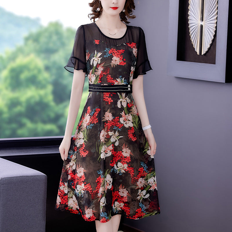 Printed Dress Women's Summer New Korean Round Neck Stitching Floral Waist Slim Over Knee Mid Length Fashion