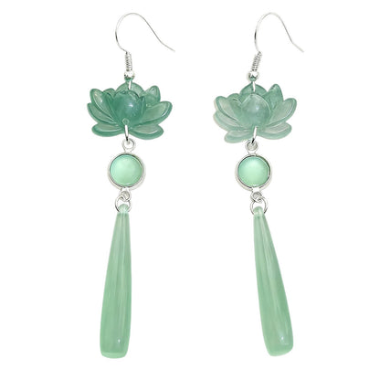 Step-by-Step Lotus Elegance New Chinese-Style Long Waterdrop Earrings With Lotus Cats-Eye Gemstones