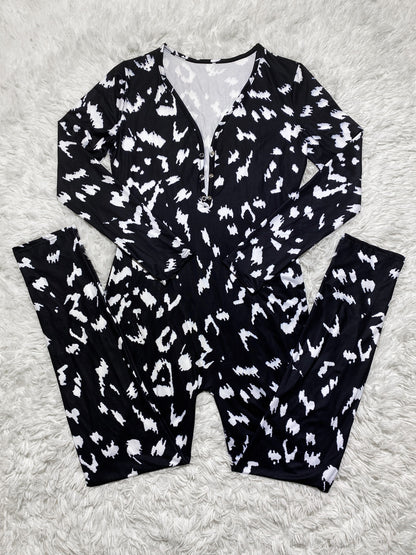 Casual Leopard Print Printed Long-sleeved Trousers Home Jumpsuit