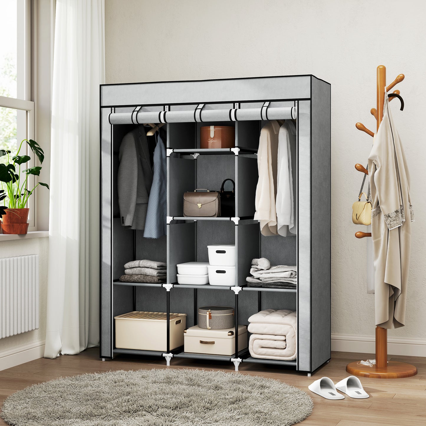 Fabric Wardrobe, With Rails And Shelves - Light Grey