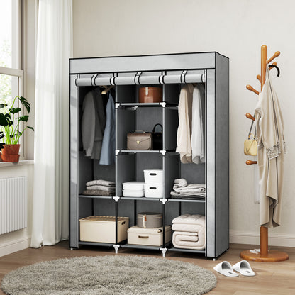 Fabric Wardrobe, With Rails And Shelves - Light Grey
