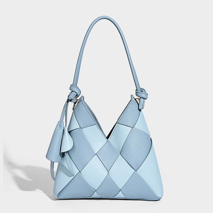 Niche Woven Patchwork Bag With A Large Capacity Perfect For Commuting Bucket-style Design