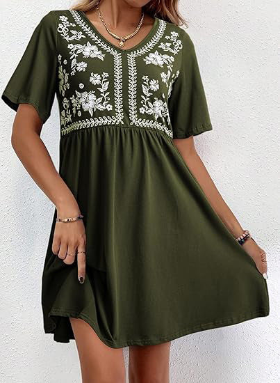 Casual Loose V-Neck Printed Defined-Waist Short-Sleeve Womens Dress