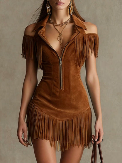 Retro Suede Tassel Off-Shoulder Dress