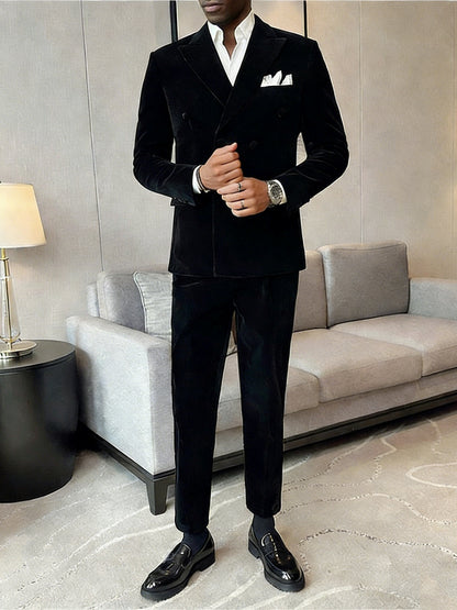 Men's Peak Lapel Double-breasted Velvet Two-piece Suit