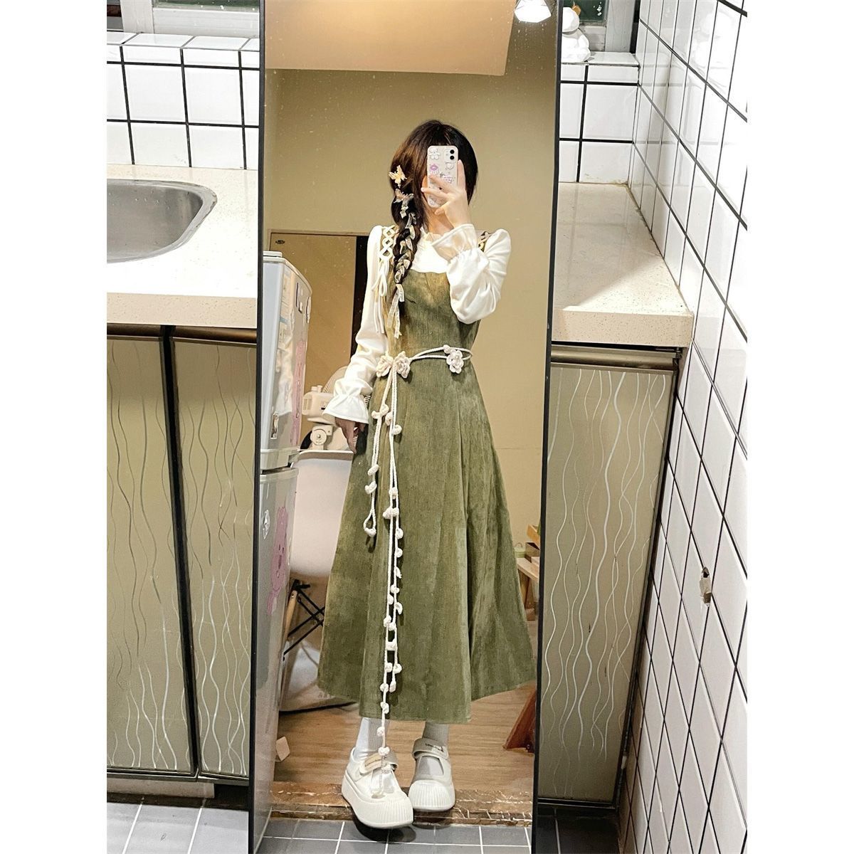 Fake Two-piece Advanced Retro Below The Knee Dress