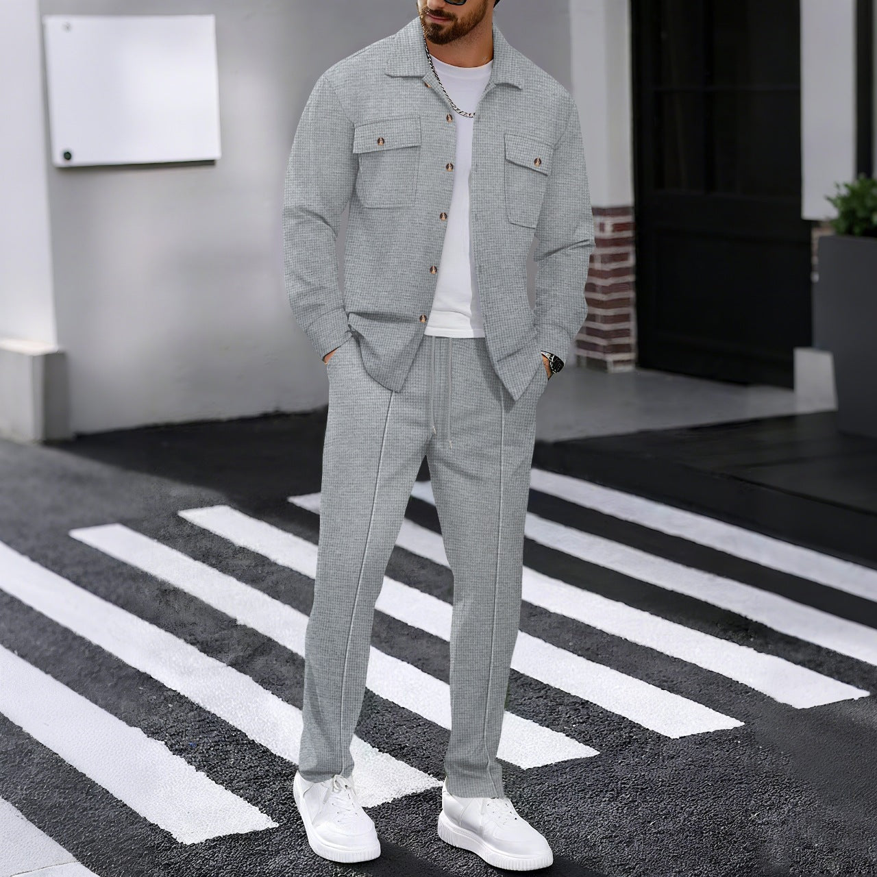 Waffle Long-sleeved Trousers Casual Men's Suit
