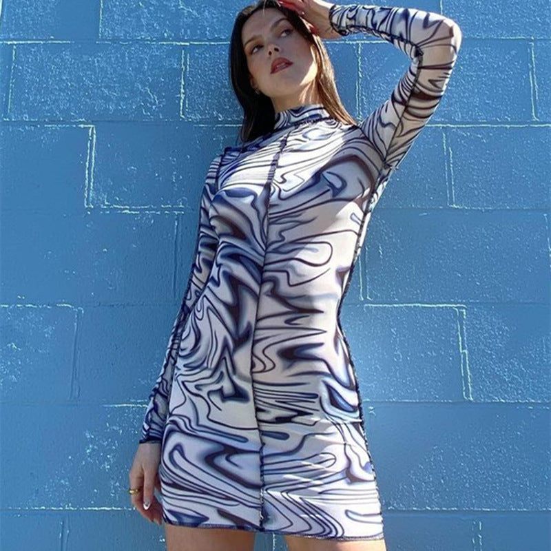Women's Mid Neck Printed Long Sleeve Slim Fit Hip Short Dress