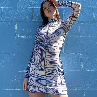 Women's Mid Neck Printed Long Sleeve Slim Fit Hip Short Dress