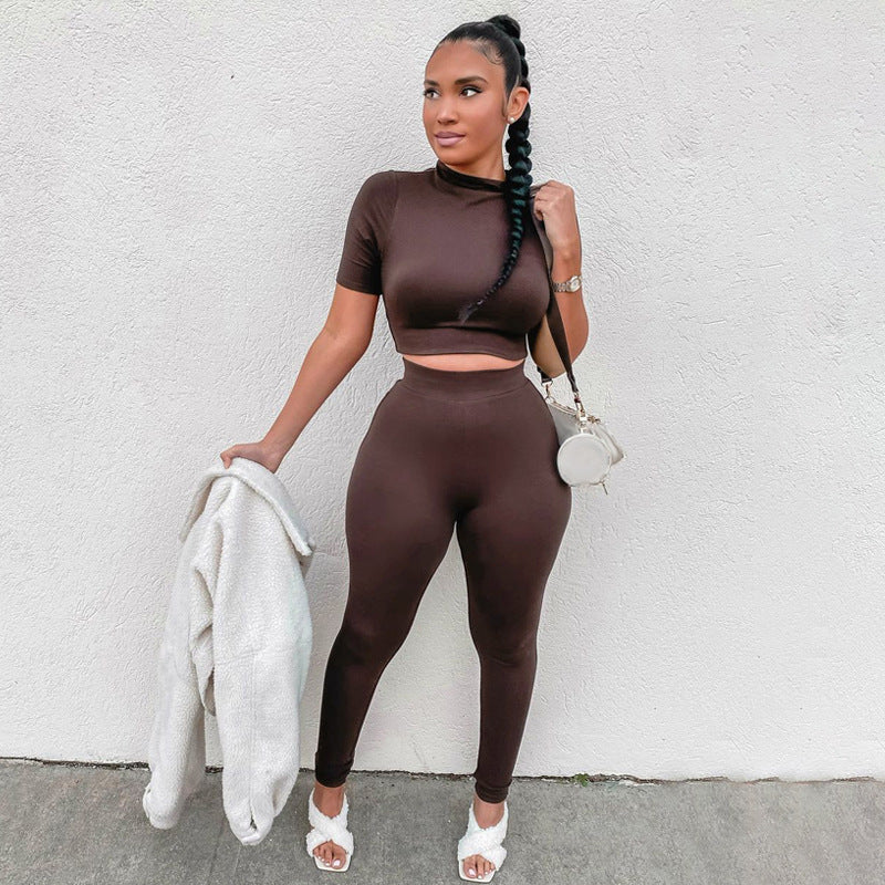 Fashion Casual Short Sleeve Midriff-baring Top Sports Suit