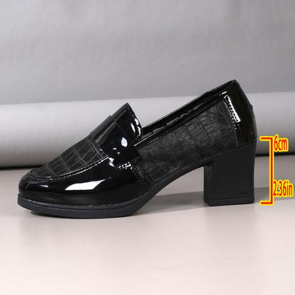 2026 Summer Women's Mesh Breathable High Heels, Hollow Soft Leather Pumps, Mid-Heel Chunky Heel Office Shoes With Soft Sole