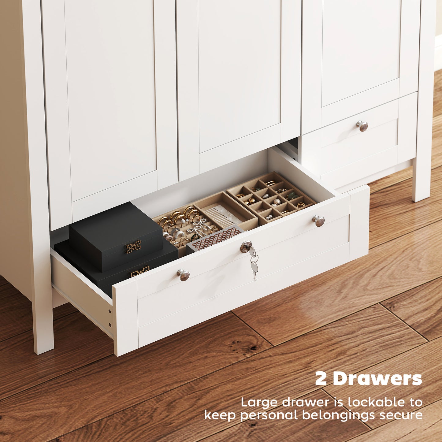 3 Doors Wardrobe Closet with 2 Drawers, Bedroom Armoire with Lockable Drawer, Hanging Rod and Storage Shelves, White