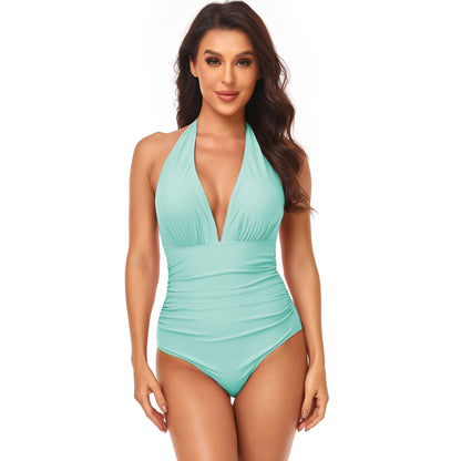Women's Fashion Pump Pleated Neck Solid Color One-piece Swimsuit