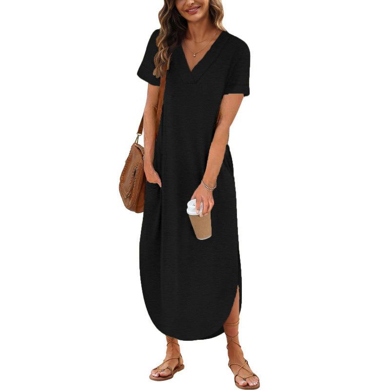 Loose  Casual Short-Sleeve V-Neck Split Dress For Women