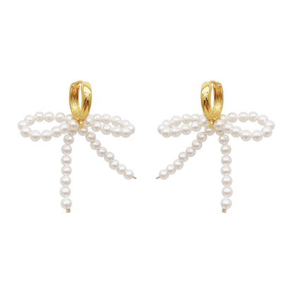 Handwoven Pearl Bow Earrings For Women Light Luxury Style