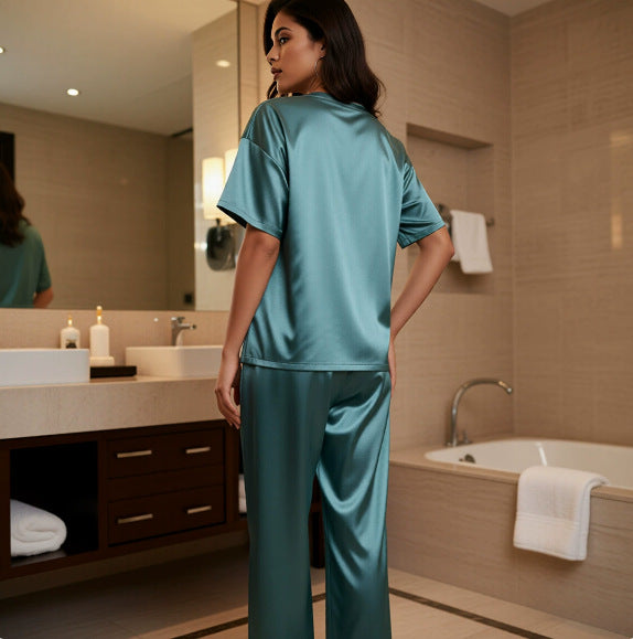 Amazon Ice Silk Pajamas Women's Summer Short-Sleeve Long-Pants Loungewear Loose Casual Set