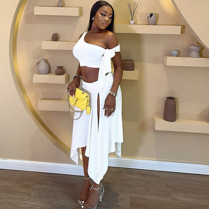 Womens Dress Set Sleeveless One-Shoulder Top With Flutter Sleeves And A Slit Skirt