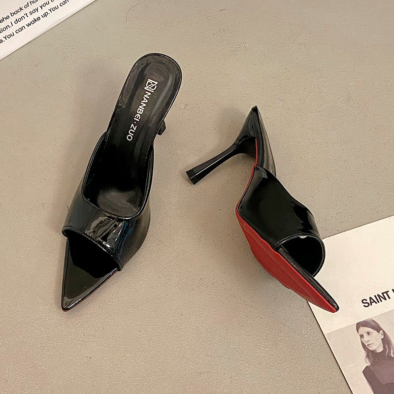 Women's Summer New Pointed Toe Stiletto Heel Sandals, Patent Leather Slip-On Heels