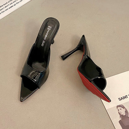 Women's Summer New Pointed Toe Stiletto Heel Sandals, Patent Leather Slip-On Heels