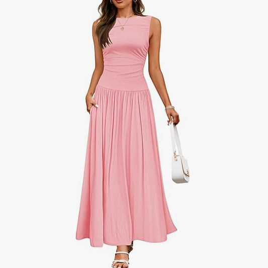 Women's Summer Sleeveless Maxi Dress Casual Round Neck Pleated Elegant Maxi Dress With Pockets