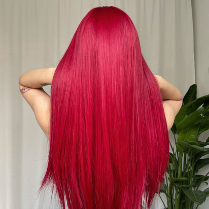 Red Long Straight Wig Head Cover With European And American Style