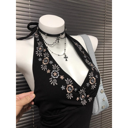 Niche Black V-Neck Embroidered Halter Backless Sophisticated Vintage Top