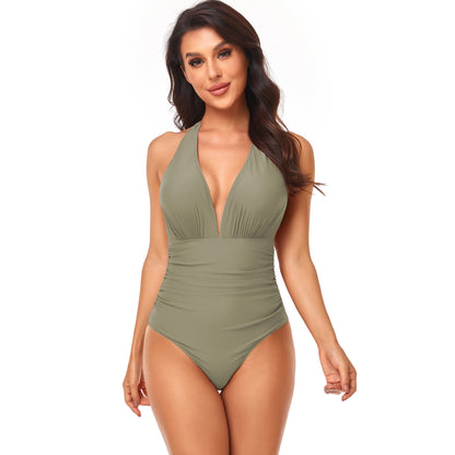 Women's Fashion Pump Pleated Neck Solid Color One-piece Swimsuit