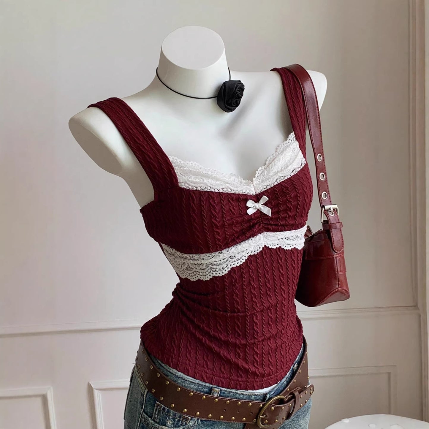 Womens Lace-trimmed Bow-decorated Vest-style Waistcoat Slim-fit Outerwear Top