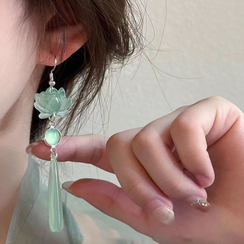 Step-by-Step Lotus Elegance New Chinese-Style Long Waterdrop Earrings With Lotus Cats-Eye Gemstones