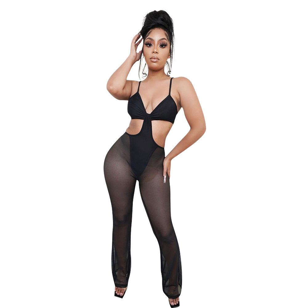 Sexy Mesh See-Through Suspenders Flared Pants