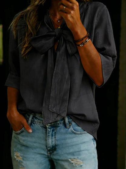 V-neck Bow-knot Loose-fit Three-quarter Sleeve Womens Top